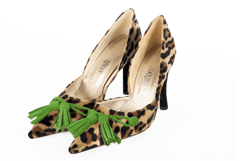 Safari black and grass green women's open arch dress pumps. Pointed toe. Very high slim heel. Front view - Florence KOOIJMAN